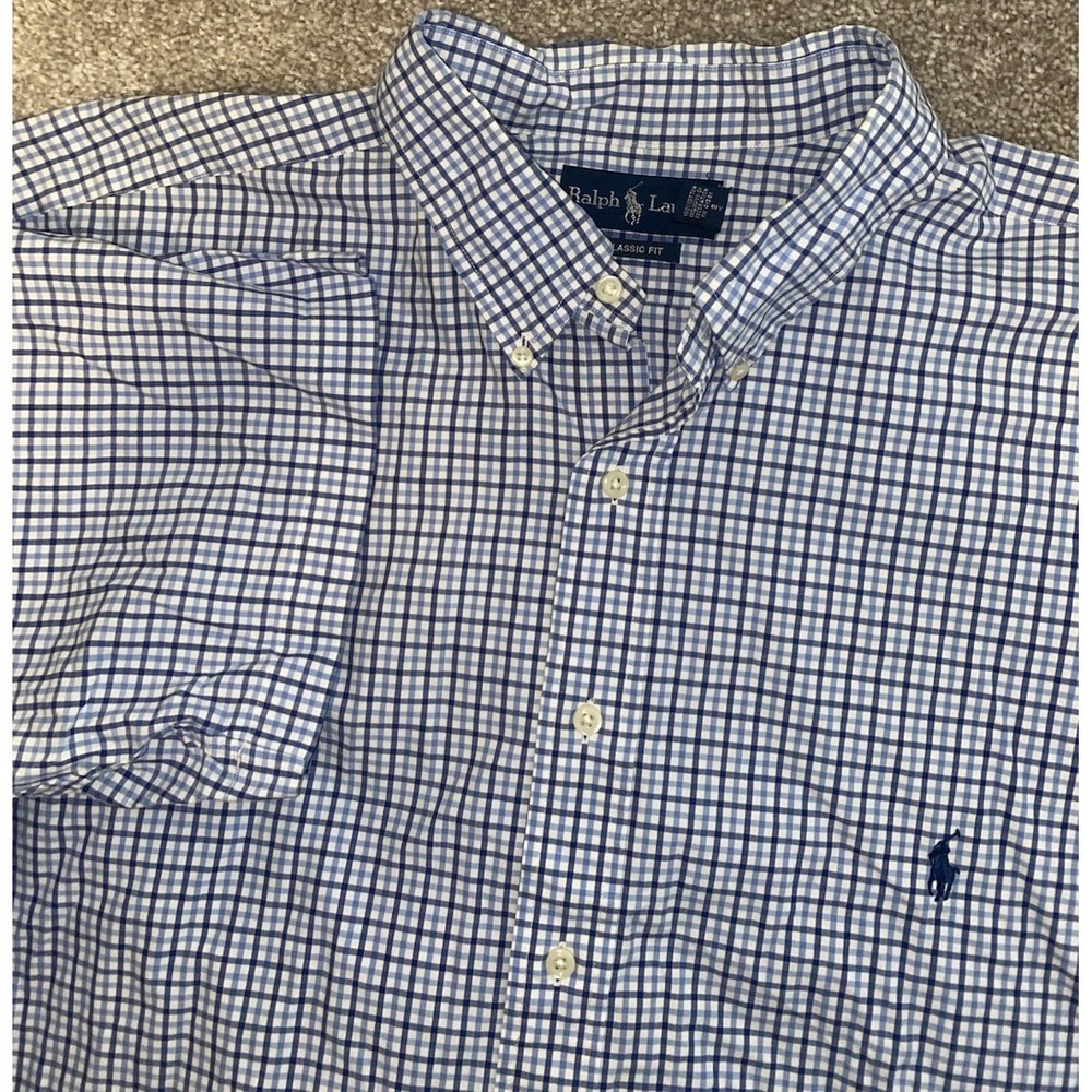 Ralph Lauren 2XB Blue Plaid Classic Oxford Shirt Mens Short Sleeve Blue Pony